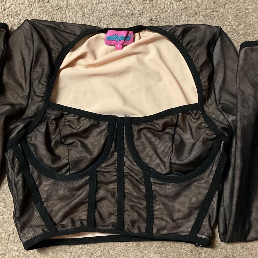 Edikted Black Mesh Corset-Style Crop Top with Nude Lining